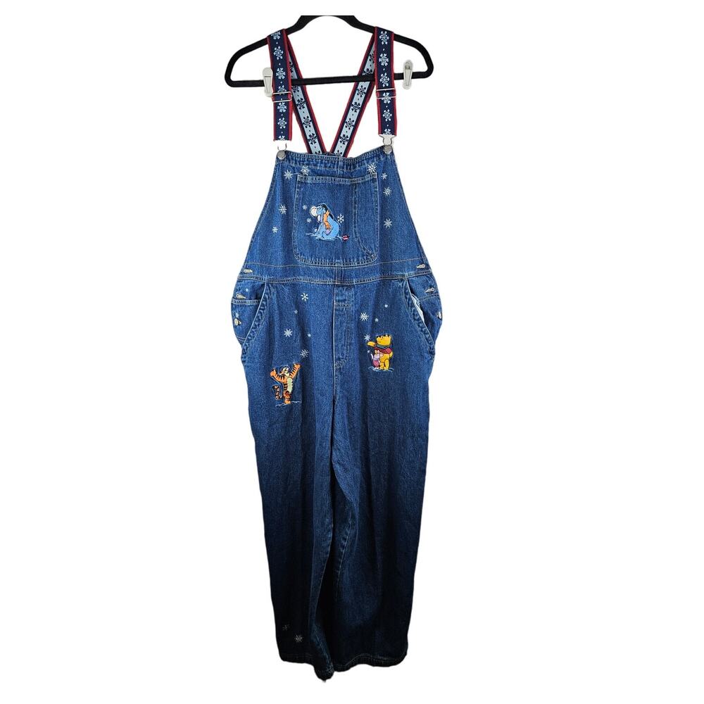 Vintage 90s Disney Catalog L Pooh Bear Embroidered Overalls Snow Holiday